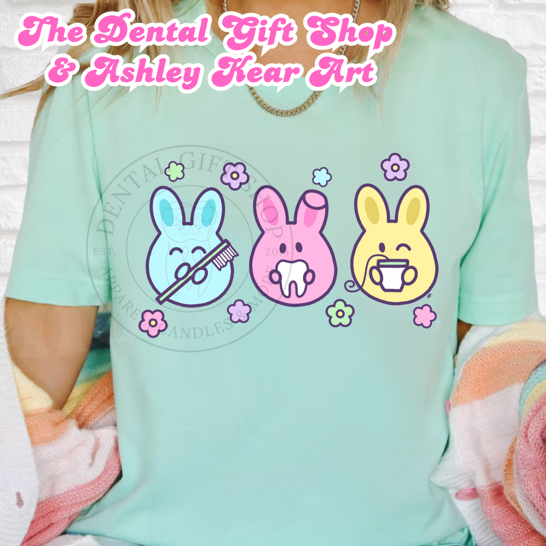 Brush, Floss, Teeth Bunnies in Lilac or Mint Tee, Design by AMK Art
