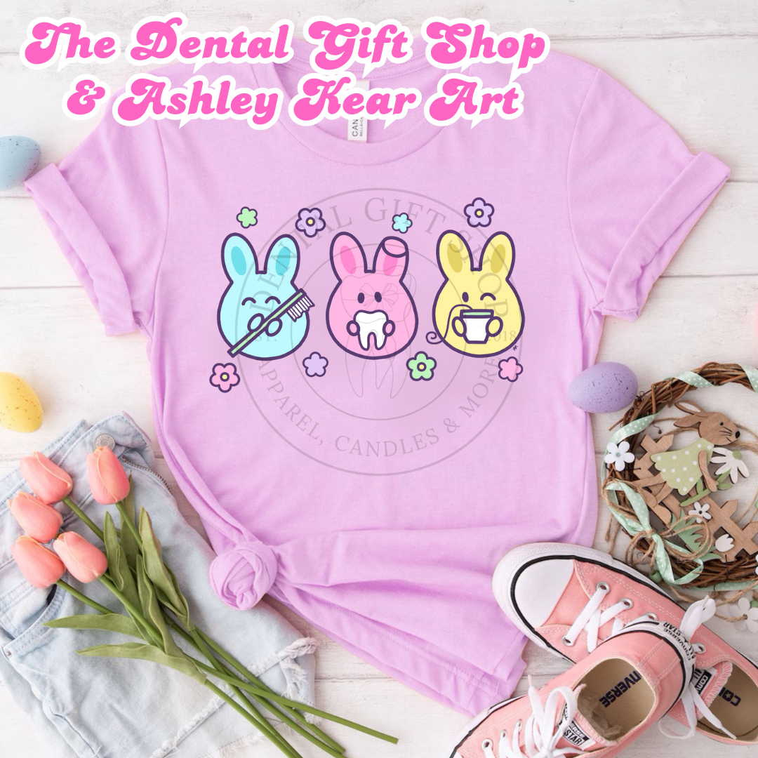 Brush, Floss, Teeth Bunnies in Lilac or Mint Tee, Design by AMK Art