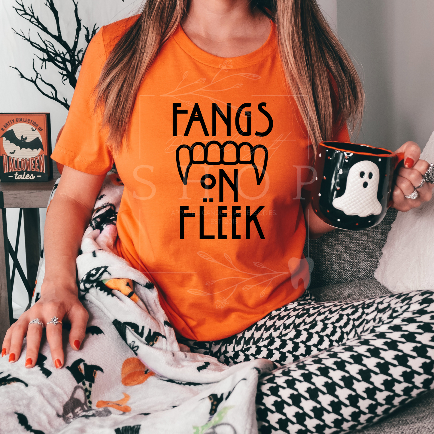 Fangs On Fleek Halloween Tee (Orange) by AMK ART