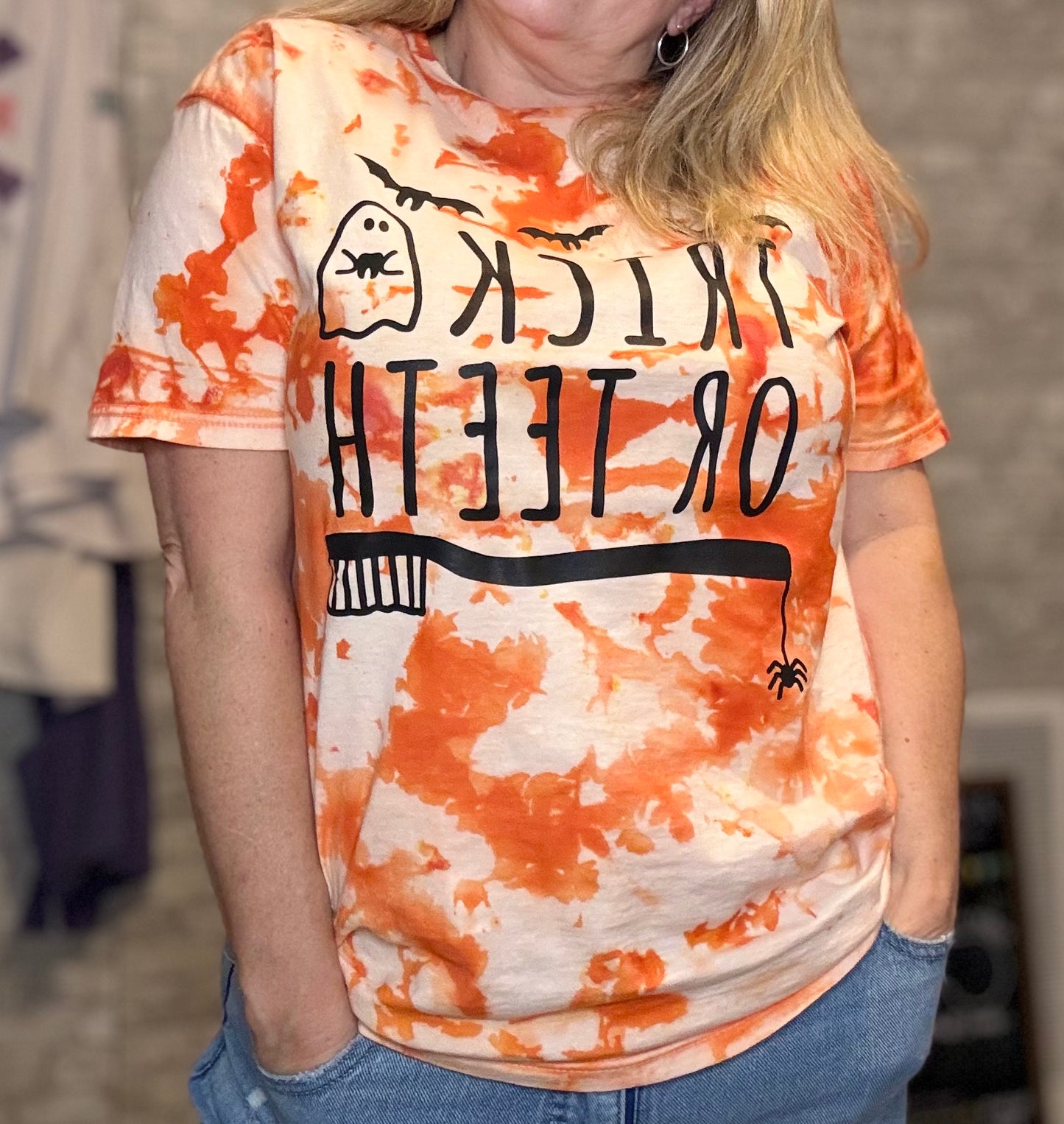 Trick or Teeth Orange Tie Dye Design by AMK Art