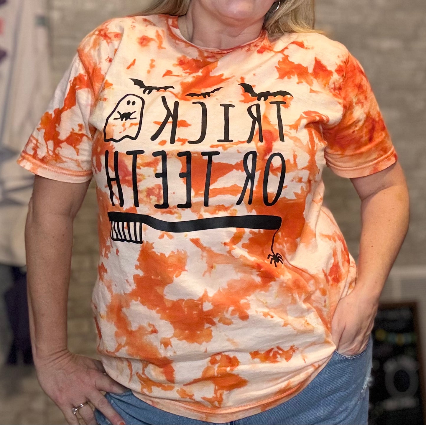 Trick or Teeth Orange Tie Dye Design by AMK Art