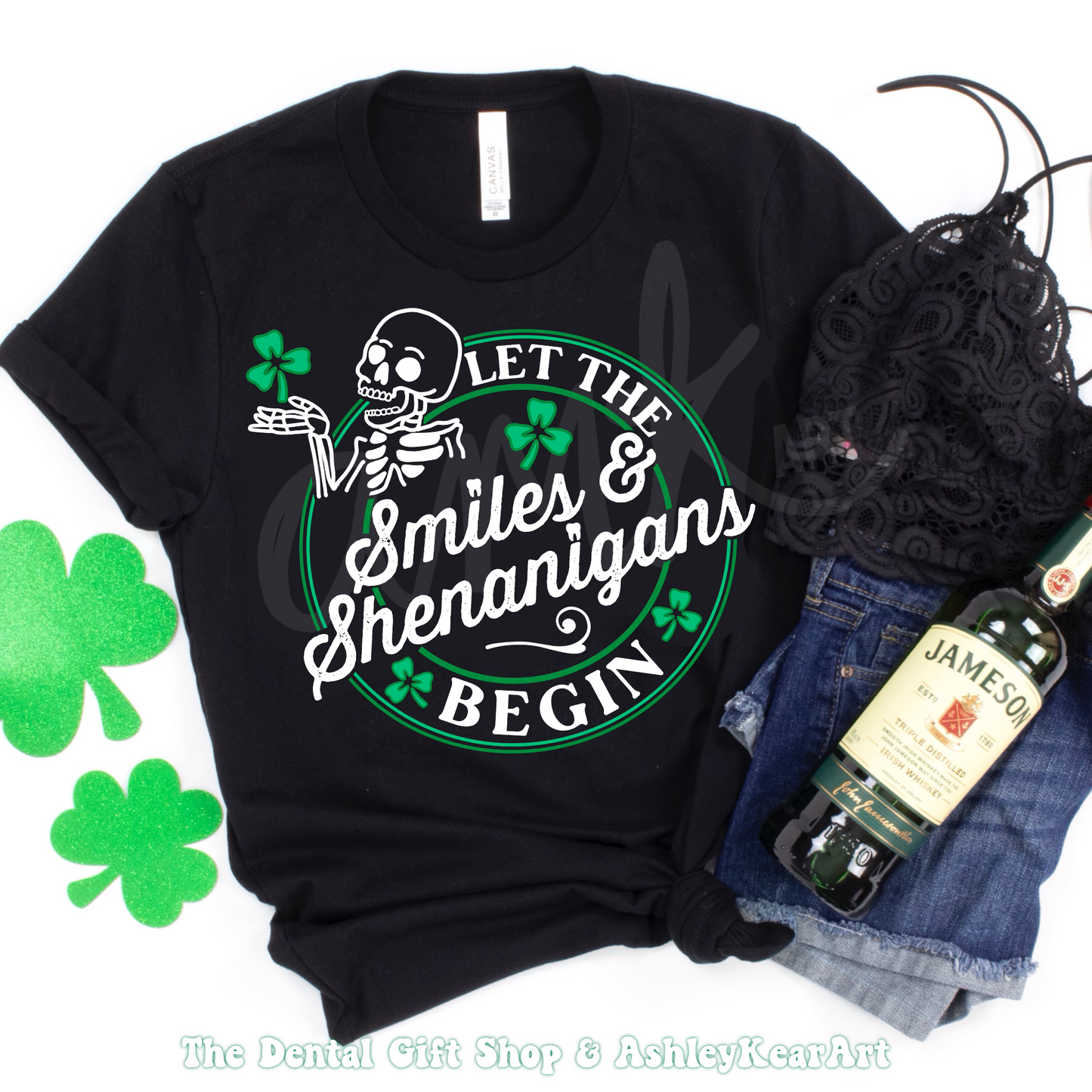 Smiles and Shenanigans Black Tee, Design by AMK ART