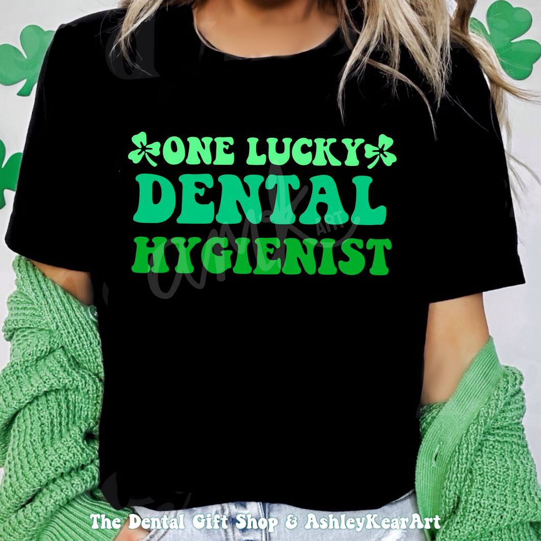 One Lucky Dental Hygienist Black Tee, Design by AMK ART