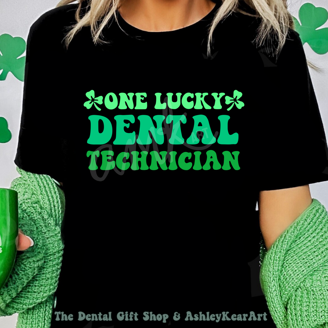 One Lucky Dental Technician  Black Tee, Design by AMK ART